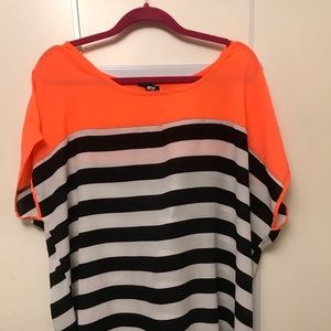 Coral and black and white stripe top.